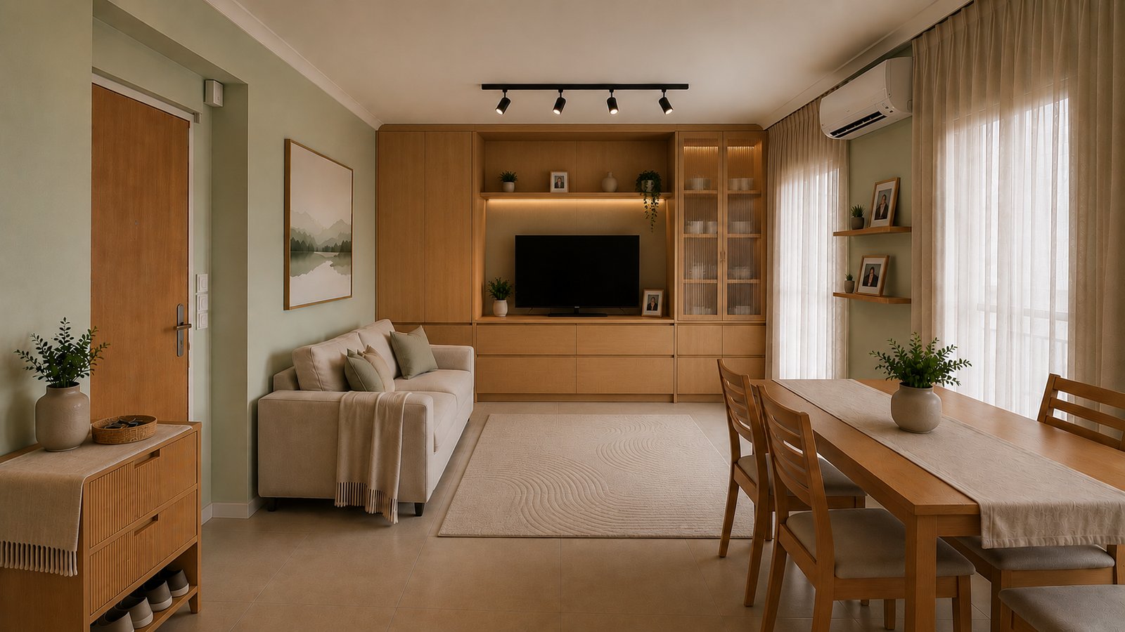 Living comedor escandinavo con muebles de madera y detalles en verde — proyecto Interiorismo MyM, por Plasma co, en Lomas de Zamora